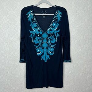 INC Turquoise Navy Blue Blouse Top Long Sleeve Shirt Tunic Hippie Boho Scoop
